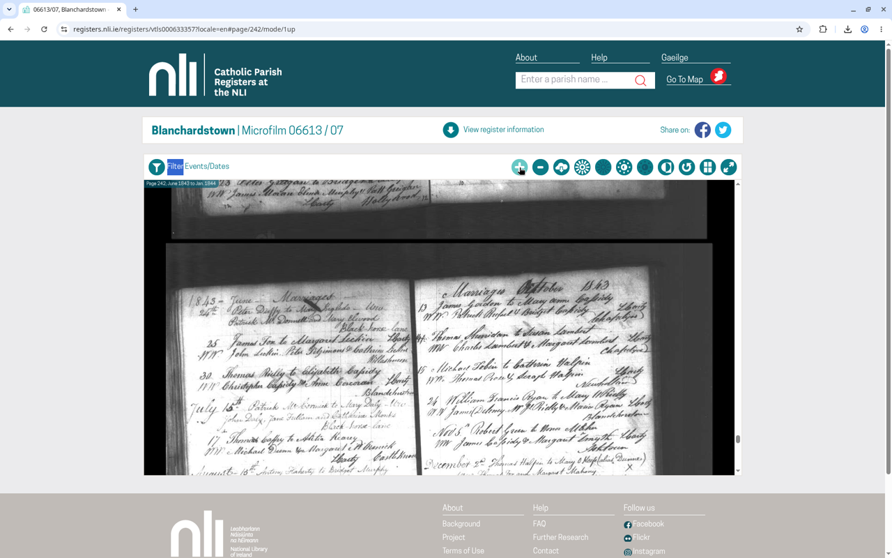 "Marriages, October 1843," Blanchardstown RC parish, Co. Dublin. Entry 14: "Thomas Sheridan to Susan Lambert," witnesses Charles and Margaret Lambert. Probably our couple, but not yet proven. (National Library of…