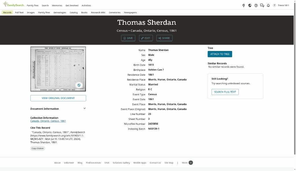 The FamilySearch index entry, with the surname "Sherdan" and the parents' birthplace mis-transcribed as "Vohlen."