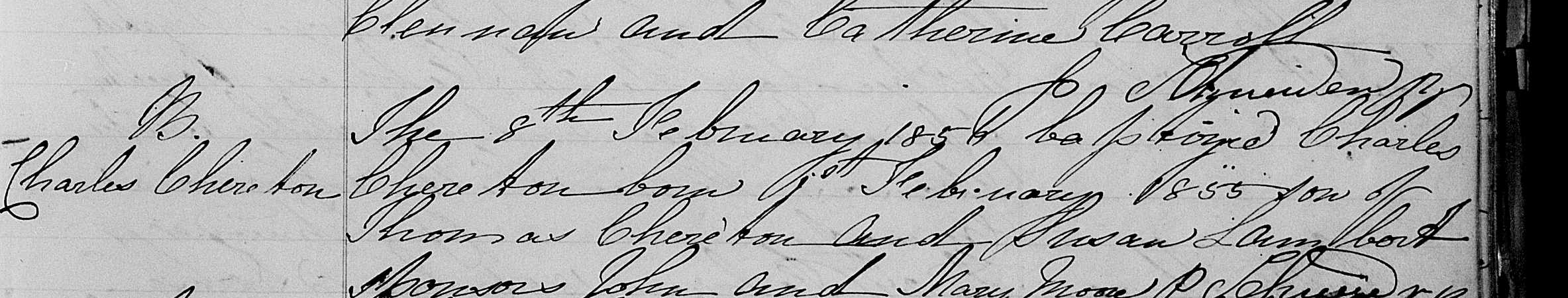 Baptism of Charles "Chereton," son of Thomas and Susan Lambert, 8 February 1856, St. Peter's RC, Goderich.