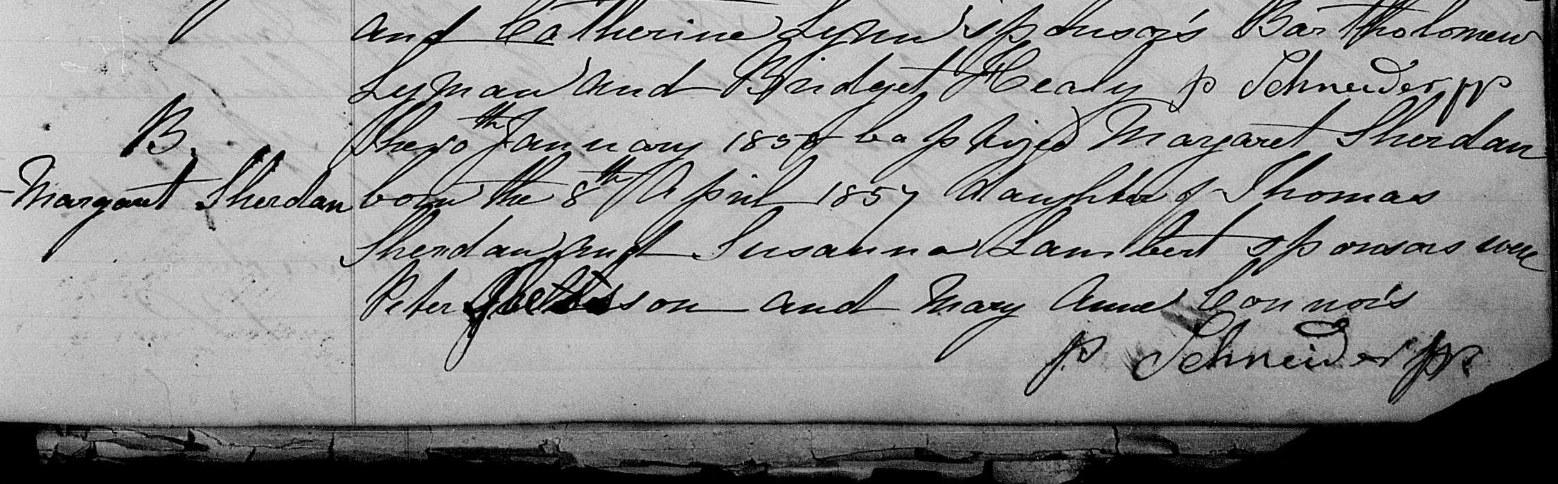 Baptism of Margaret Sherdan, born 8 April 1857, "daughter of Thomas Sherdan and Susanna Lambert," 10 January 1858, St. Peter's RC, Goderich.