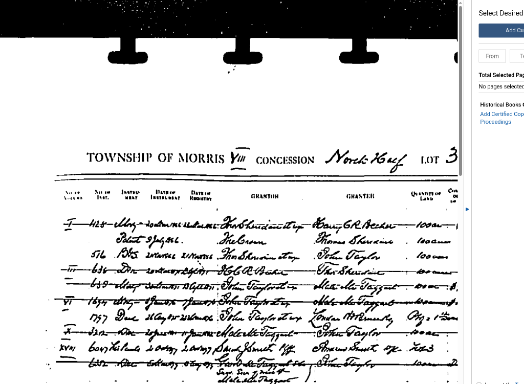 Morris Township abstract book, Con. 8, Lot 3, North Half: the Crown patent to Thomas Sheridan (9 July 1866), the Becher mortgage (No. 428) and the sale to John Taylor (No. 516).