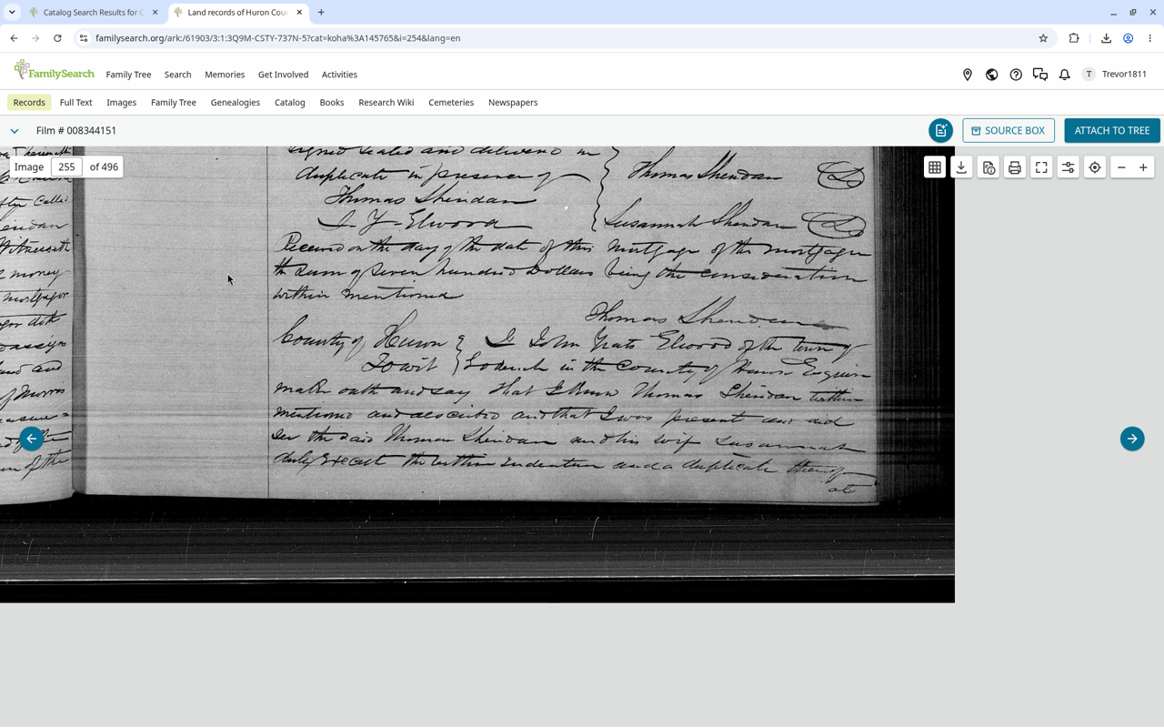 Signatures of Thomas Sheridan and Susannah Sheridan on mortgage No. 428, 20 March 1866, Morris Township copybook (Huron County Land Registry; FamilySearch DGS 8344151, image 255).