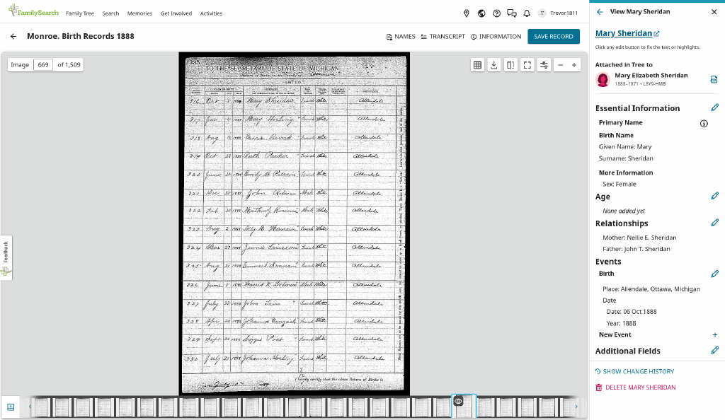 Ottawa County birth register, 1888, recording Mary Sheridan, born 6 October 1888 at Allendale to John T. and Nellie E. Sheridan.